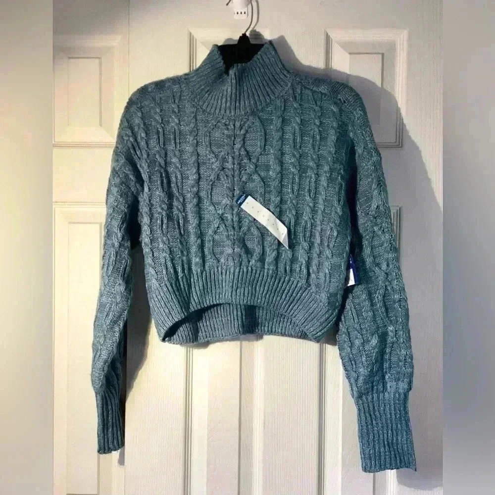 Arizona Jean Co Blue Cropped Mock Neck Long Sleeve Pullover Sweater Size Medium